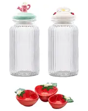 10 Strawberry Street Daisy & Watering Can Glass Canisters with Strawberry Measuring Cups