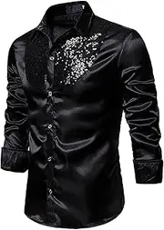 [Sinzelimin] Shirts for Men's Fashion Sequins Button Long Sleeve Blouse Tops Slim Show Tux Blazer Shirt for Dinner Party Wedding