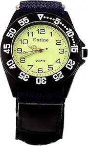 [Entino] Boy's Unisex Navy Blue Nylon Riptape Strap Hook & Loop Fastener Sports Watch Luminous Face Japanese Quartz Movement Extra Battery