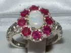 Solid 9k White Gold Natural Opal & Ruby Womens Cluster Ring - Sizes 4 to 12