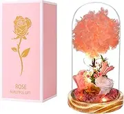 LED Lighted Glass Dome with Pink Floral Arrangement, Wooden Base, 3D Flower Tree Display