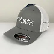 Columbia PFG Hat S/M Flexfit High Crown Gray White Mesh Titanium Hook Logo NWT