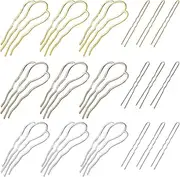 18 Piece Metal Hair Fork Clip Hair Side Combs U-shaped Metal Hair Pins for Buns 4 Prong Hair Updo U-Shape Hair Sticks for Women Hair Styling Tool Accessories (silver, gold and rose gold)