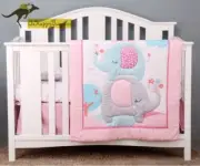New Baby Girls 3 Pieces Pink Elephant Cotton Nursery Bedding Crib Cot Sets