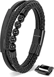 [SERASAR] | Men's Premium Genunie Black Leather Bracelet [Pearl] | Magnetic Stainless Steel Clasp in Black, Silver and Gold | Exclusive Jewellery Box | Great Gift Idea
