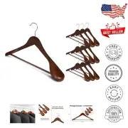 Durable 10 Pack Wooden Hangers with 360-Degree Swivel Hook - Light Walnut