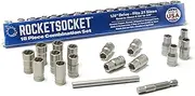 ROCKETSOCKET | 18 Piece ¼” Drive Bolt Lug Nut Extractor Socket Tool Set | RAZORGRIP Technology Extract Damaged Frozen Rusted Rounded-Off Bolts Nuts & Screws | Made in USA Steel