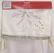 NEW Christmas Table Runner White Silver Poinsettia Tassels on Ends 72" L x 13" W