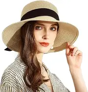 [Cauplse] Womens Straw Sun Hats Wide Brim Summer Straw Beach Hat Foldable Roll Up Brim Beach Hats Summer Sun Travel Hat for Women UV UPF 50+ Travel Sun Hat, Khaki, Beige, One Size
