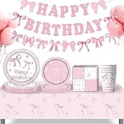 76PCS Happy Birthday Party Tableware Plates Romance Pink Bow Banner Tableware Set Valentine's Day Party Decorations Theme Disposable Paper Plates Napkins Cups Tablecloth Party Table Decor Upgraded
