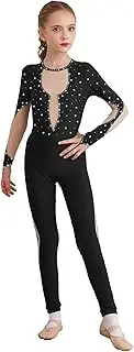 [Lejafay] Girls Sparkly One Piece Full Body Unitard Kids Long Sleeve Gymnastic Ballet Dance Leotard Jumpsuit