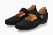 Mephisto Women's Fabienne Black Bucksoft 900 Hook and Loop Strap Ballet Flats