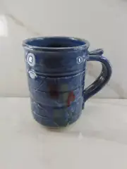 Vintage Studio Pottery Coffee Mug Blue Glaze Signed With Thumb Rest Handle
