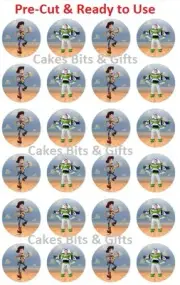 24 x BUZZ & WOODY TOY STORY Edible Wafer Cupcake Toppers PRE CUT Ready to Use.