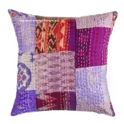 Indian Patchwork Throw Cushion Cover 16 x 16 Inch Boho Kantha Silk Pillow Case