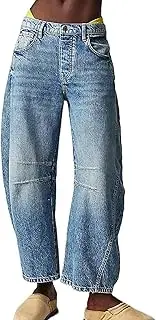 [HaiDu] Womens Casual Balloon Pants Wide Leg Mid Waist Cropped Denim Pants Y2k Loose Barrel Baggy Jeans with Pockets (Color : Blue, Size : Small)