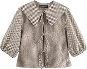[Generic] Women's Summer Cropped Blouses for Lady Plaid Turn-Down Collar Blouse Short Sleeve Shirt Elegant Top
