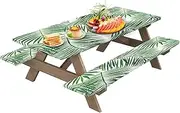 Picnic Table Cloths | Green Leaves Pattern Elastic Fit Table Cloth Waterproof - Multifunctional Polyester Portable Camping Supplies with Bench for Barbecue