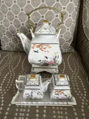 Franklin Mint Birds and Flowers of the Orient Teapot Set Stand Cream Sugar Tray