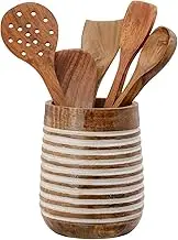 Mie Creations Boho 7'' Large Utensil Holder for Kitchen Counter | Handcrafted Wooden Utensils Crock Cooking Spatula Organizer | Thanksgiving Christmas Utensil Holder Caddy, Countertop Supplies- White