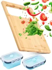 Happylivery Bamboo Cutting Board - Includes 2 Collapsible Containers - Solid ...