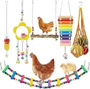 7 Packs Chicken Coop Accessories: Swing Ladder Toys, Xylophone, Mirror With Bells, Vegetable Fruits Hanging Feeder for Chickens, Birds, and Parrots