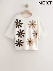Neutral Floral Graphic Print Pattern Knitted Half Sleeve Top (AL7672) | $71
