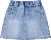 [Hedmy] Kids Girls Denim Skirt Solid Color Pull On A-Line Side Split Skort Casual Summer Miniskirts