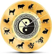 Chinese Zodiac Sign Sheng Xiao Wall Clock Chinese Culture Wall Art Circle Silent Non-Ticking Wall Clock Timepiece(No Frame)