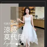 【LYDIA】現貨 莫代爾涼感洋裝 可調式細肩帶 不規則網紗洋裝(黑/灰/白F)