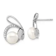 Sterling Silver Polished Freshwater Cultured Pearl & Cz Rabbit Post Earrings