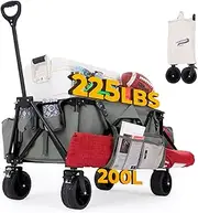 Camphor Designs 200L Collapsible Folding Beach Wagon |Heavy Duty Utility Cart Extender |Supports 225lbs |All-Terrain Big Wheels with Breaks for Sports Camping (Grey/Grey)