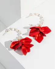 Red Pearl Flower Hoop Earrings