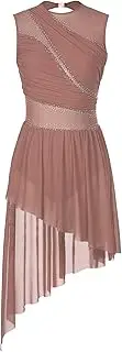 [Raenseen] Women Rhinestone Sleeveless Rhythmic Gymnastics Costume Asymmetrical Lyrical Dance Dress