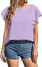 [Zylphorix] Women Ruffle Sleeves Chiffon T-Shirt Casual Lotus Leaf Sleeve Pullover Tees Loose Solid Colors Round Neck Tops