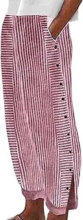 [Generic] Linen Pants for Women 2025 Plus Size Trendy Striped Spring Summer Gauze Pants Casual Elastic Waist Comfy Trousers, Red, Large