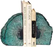 AMOYSTONE Teal Agate Bookends Geode Book Ends Heavy Duty Bookend Holder Decor with Rubber Bumpers Small(1 Pair, 2-3 LBS)