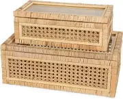 Handwoven Boho Rattan Display Boxes with Glass Lids Set 2 Rectangular Decor Bins