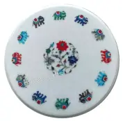 Round White Marble Coffee Table Top Elephant Pattern Inlay Work Breakfast Table