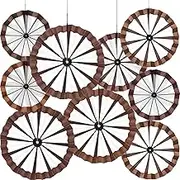 Outus 9 Pcs Western Cowboy Party Decorations Paper Fans Wagon Wheels Straw Hay Bales Hanging Ceiling Wall Decor for Country Western Themed Rodeo Farm Birthday Party Supplies (Wagon Wheels)