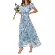 V-neck Ruffle Short Sleeve Maxi Dress Waist Tight High-waist Flowy Hem Sweet Floral Print Chiffon Dress Female Clothing lake blue 2XL