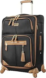 [Steve Madden] Designer Luggage Collection - Lightweight 24 Inch Expandable Softside Suitcase - Mid-size Rolling 4-Spinner Wheels Checked Bag, Harlo Black, 24in, Luggage With Spinner Wheel