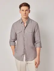 Hawes & Curtis Brown Pure Linen Slim Safari Shirt Size: Large