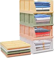 jocabo Folding Wardrobe Storage Shelf Baskets Box 4-Pack Plastic Drawer Organizer Stackable Cloth Closet Container Bin Cube Home Office Bedroom Laundry Drawer Crate Book Goods Organization -Colorful