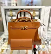 Michael Kors Reed Large Leather Center Zip Belted Satchel Bag+Trifold Wallet Set