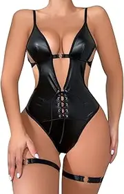 [Generic] Adult Lingerie Womens Women Erotic Lingerie Sexy Costumes Black Halter Lace Up Leather Bondage Backless Teddy Sexy Lady Bodysuit Latex Underwear Womens Corsets Lingerie