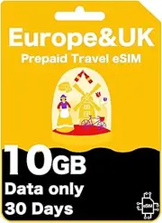 Europe & UK Prepaid eSIM - KPN Network, High-Speed Data for 30 Days, Unlimited Data at 128kbps, Data-Only (10GB (30 Days))