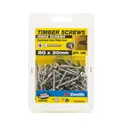 Zenith 8G x 30mm Satin Chrome Countersunk Head Hinge Timber Screws - 100 Pack
