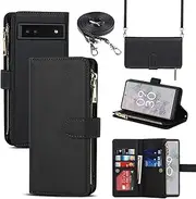 [Cavor] for Google Pixel 6a Case 6.1 inch PU Leather Folio Flip Wallet Back Cover Magnetic Case with Long Shoulder Lanyard Zipper Coin Purse 9 Card Holder Kickstand Wristlet Strap-Black