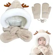 [FOSDICK] 2 in 1 Baby Winter Hat Scarf Warm Earflap Beanie Hat Fleece Lining Toddler Furry Winter Hats Neck Warmer with Gloves for Boys Girls 1-4 Years, Khaki, 2pcs, 1-4 Years